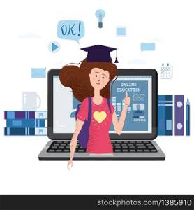 Happy teenage girl with thumb up. Student with backpack bubble OK. Happy teenage girl with thumb up. Student with backpack bubble OK online education laptop notebook pile of books. Vector trendy flat cartoon style, illustration