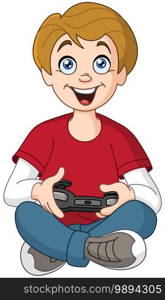 Happy teenager kid playing video game console