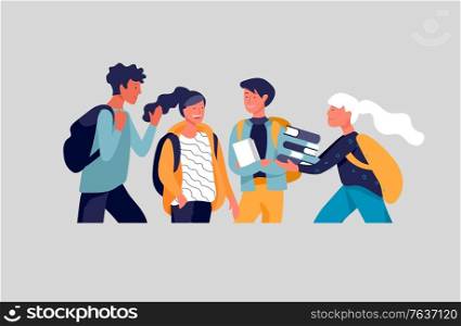 Happy teenagers and students. Group of friends character are laughing and talking. Stylish smiling boys and girls. Young generation pupils or millennials. Colorful cartoon concept vector illustration. Happy teenagers and students. Group of friends character are laughing and talking. Stylish smiling teenage boys and girls. Young generation pupils