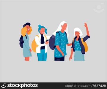 Happy teenagers and students. Group of friends character are laughing and talking. Stylish smiling boys and girls. Young generation pupils or millennials. Colorful cartoon concept vector illustration. Happy teenagers and students. Group of friends character are laughing and talking. Stylish smiling teenage boys and girls. Young generation pupils