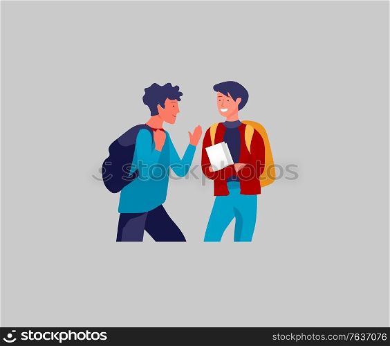 Happy teenagers or students. Friends character are laughing and talking. Stylish smiling young generation pupils or millennials. Colorful cartoon concept vector illustration. Happy teenagers or students. Friends character are laughing and talking. Stylish smiling young generation pupils or millennials. Colorful cartoon