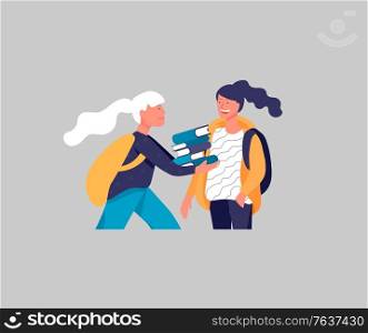 Happy teenagers or students. Friends character are laughing and talking. Stylish smiling young generation pupils or millennials. Colorful cartoon concept vector illustration. Happy teenagers or students. Friends character are laughing and talking. Stylish smiling young generation pupils or millennials. Colorful cartoon