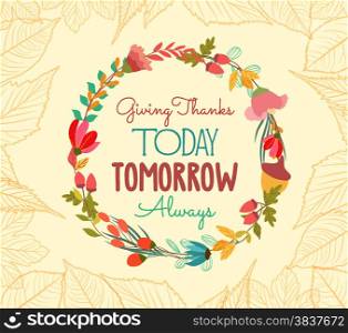 happy thankgiving with leaves and flower greeting card