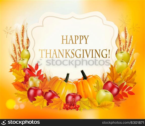 Happy Thanksgiving background with autumn vegetables and colorful leaves. Vector.
