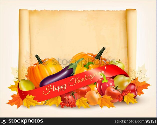 Happy Thanksgiving background with autumn vegetables and old paper. Vector.
