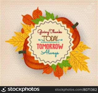 Happy Thanksgiving background with colorful autumn leaves and a pumpkin