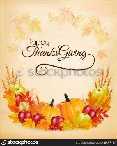 Happy Thanksgiving background with colorful autumn leaves and colorful fruit. Vector.