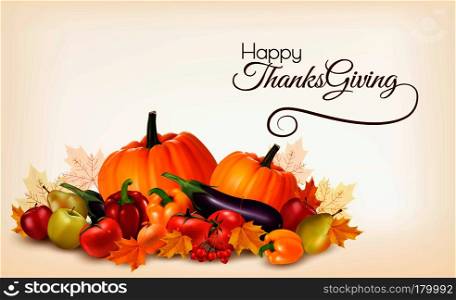 Happy Thanksgiving background with colorful autumn leaves and fruits and vegetables. Vector.