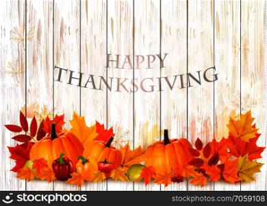 Happy Thanksgiving Background with colorful fruit and vegetables and wooden sign. Vector.