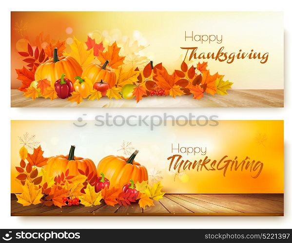 Happy Thanksgiving banners with autumn vegetables and colorful leaves. Vector.