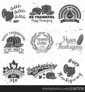 Happy Thanksgiving. Be thankful. Vector Thanksgiving retro badge. Concept for shirt or logo, print, stamp, patch. Pumpkin, corn apple barrel and grapes. Happy Thanksgiving day.