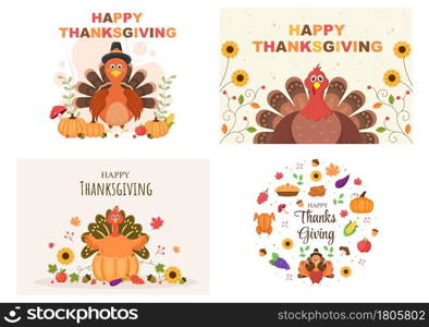 Happy Thanksgiving Celebration with Cartoon Turkey, Leaves, Chicken, Pumpkin and Other For Decoration or Background Vector Illustration