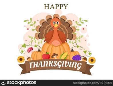 Happy Thanksgiving Celebration with Cartoon Turkey, Leaves, Chicken, Pumpkin and Other For Decoration or Background Vector Illustration