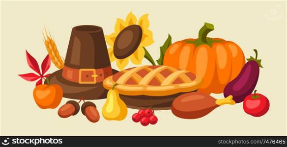 Happy Thanksgiving Day background design with holiday objects.. Happy Thanksgiving Day background with holiday objects.
