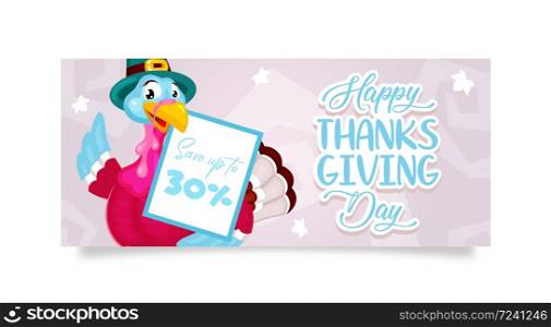Happy Thanksgiving day banner flat vector template. Autumn holiday discount. Piligrims turkey with ad ileaflet layout idea. Advertising flyer concept design with cartoon illustrations. Happy Thanksgiving day banner flat vector template
