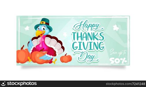 Happy Thanksgiving day banner flat vector template. Autumn holiday sale. Piligrims turkey with pumpkins isolated cartoon character. Banner, brochure, leaflet design layout with place for text. Happy Thanksgiving day banner flat vector template