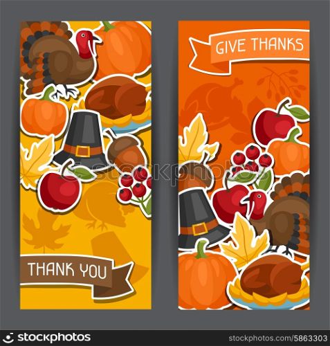 Happy Thanksgiving Day banners design with holiday sticker objects. Happy Thanksgiving Day banners design with holiday sticker objects.