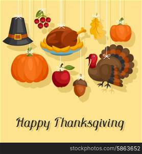 Happy Thanksgiving Day card design with holiday objects. Happy Thanksgiving Day card design with holiday objects.