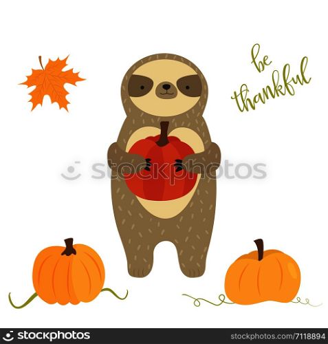 Happy Thanksgiving Day card with cute sloth
