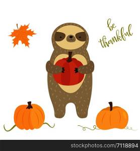Happy Thanksgiving Day card with cute sloth