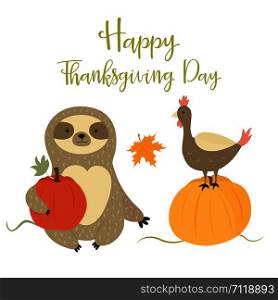 Happy Thanksgiving Day card with cute sloth and turkey. Happy Thanksgiving Day card with cute sloth,turkey