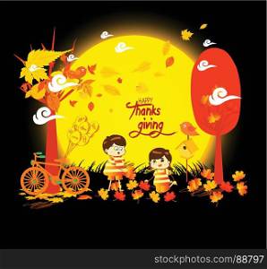 Happy Thanksgiving Day funny kids of a forest in autumn with leaves falling and bicycle under the moonlight