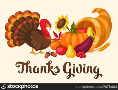 Happy Thanksgiving Day greeting card with holiday objects.. Happy Thanksgiving Day card with holiday objects.