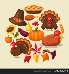 Happy Thanksgiving Day greeting card with holiday objects.. Happy Thanksgiving Day greeting card with objects.