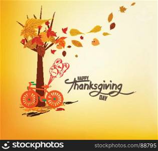Happy Thanksgiving Day. Hand drawn tintage bicycle with autumn leaves