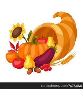 Happy Thanksgiving Day horn of plenty with seasonal fruits and vegetables.. Happy Thanksgiving Day horn of plenty.