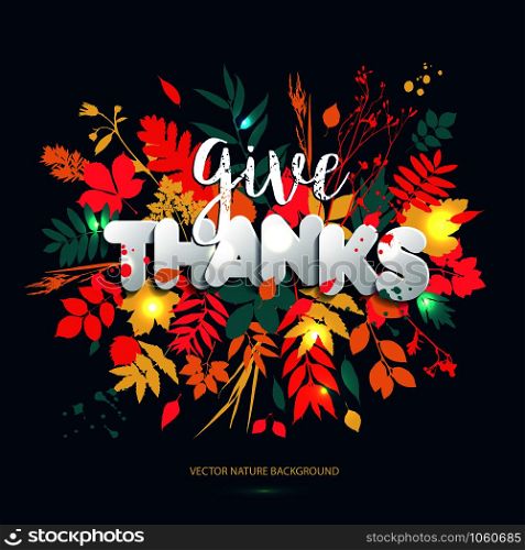 Happy Thanksgiving day in calligraphic hand drawn style and paper style. Fall style for autumn.Happy Thanksgiving Day greeting card design with colors leaves on blue background with grunge blots.. Happy Thanksgiving day in calligraphic hand drawn style and paper style. Fall style for autumn.
