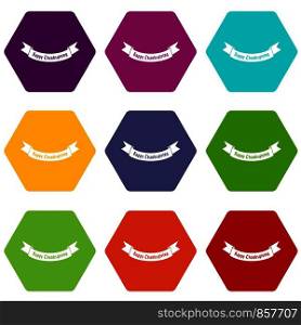 Happy Thanksgiving Day ribbon icon set many color hexahedron isolated on white vector illustration. Happy Thanksgiving Day ribbon icon set color hexahedron