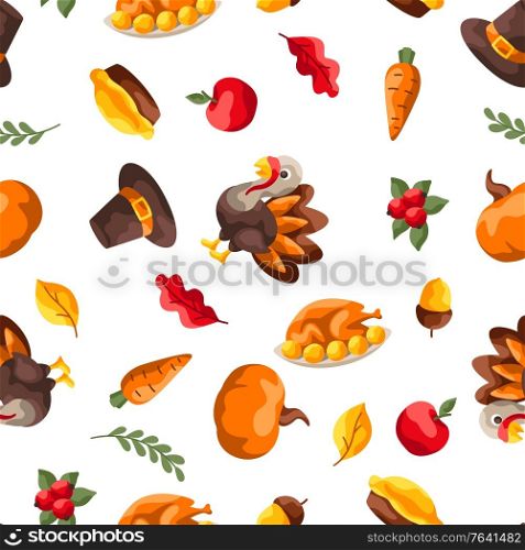 Happy Thanksgiving Day seamless pattern. Background with holiday objects.. Happy Thanksgiving Day seamless pattern.