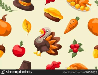Happy Thanksgiving Day seamless pattern. Background with holiday objects.. Happy Thanksgiving Day seamless pattern.
