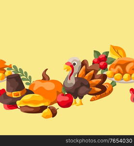 Happy Thanksgiving Day seamless pattern. Background with holiday objects.. Happy Thanksgiving Day seamless pattern.