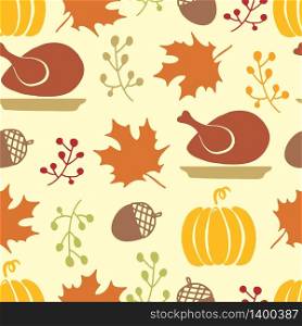 Happy Thanksgiving Day seamless pattern with holiday objects - turkey, pumpkin, maple leaf, acorn and berry branch.. Happy Thanksgiving Day seamless pattern with holiday objects.