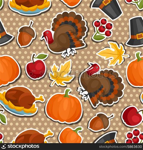 Happy Thanksgiving Day seamless pattern with holiday sticker objects. Happy Thanksgiving Day seamless pattern with holiday sticker objects.