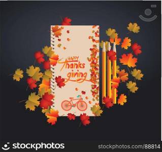 Happy Thanksgiving Day. vector design notebook card and autumn leaves