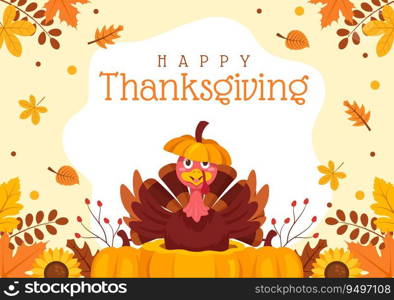 Happy Thanksgiving Day Vector Illustration with Turkey Bird, Pumpkin, Leaves and Many Others E≤ments Background Flat Cartoon Hand Drawn Templates