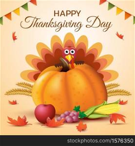Happy thanksgiving day with turkey and pumpkin vector.