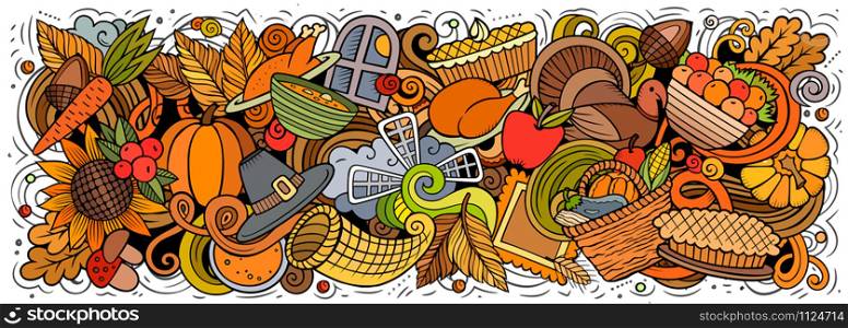 Happy Thanksgiving hand drawn cartoon doodles illustration. Holiday funny objects and elements poster design. Creative art background. Colorful vector banner. Happy Thanksgiving hand drawn cartoon doodles illustration.