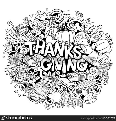 Happy Thanksgiving hand drawn cartoon doodles illustration. Holiday funny objects and elements poster design. Creative art vector background.. Happy Thanksgiving hand drawn cartoon doodles illustration.