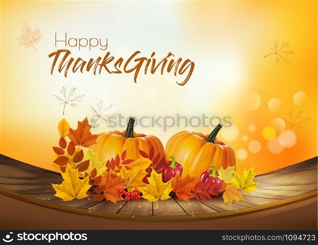 Happy Thanksgiving Holiday background with autumn vegetables and colorful leaves. Vector.