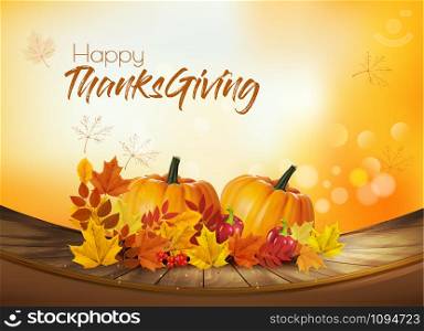 Happy Thanksgiving Holiday background with autumn vegetables and colorful leaves. Vector.