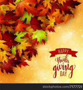 Happy Thanksgiving holiday poster, autumn red leaves background, brush pen calligraphy, vector illustration