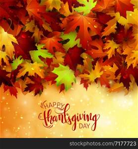 Happy Thanksgiving holiday poster, autumn red leaves background, brush pen calligraphy, vector illustration