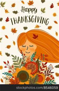Happy Thanksgiving illustration. Cute lady with autumn bouquet. Vector design for card, poster, flyer, web and other use. Happy Thanksgiving illustration. Cute lady with autumn bouquet. Vector design for card, poster, flyer, web and other