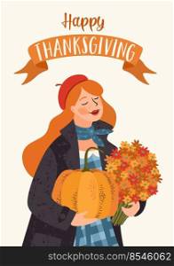 Happy Thanksgiving illustration. Cute lady with pumpkin and flowers. Vector design for card, poster, flyer, web and other use. Happy Thanksgiving illustration. Cute lady with pumpkin and flowers. Vector design for card, poster, flyer, web and other