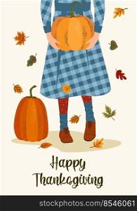 Happy Thanksgiving illustration. Cute lady with pumpkin. Vector design for card, poster, flyer, web and other use. Happy Thanksgiving illustration. Cute lady with pumpkin. Vector design for card, poster, flyer, web and other