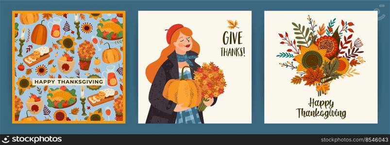 Happy Thanksgiving illustrations. Set of vector designs for card, poster, flyer, web and other use. Happy Thanksgiving illustrations. Set of vector designs for card, poster, flyer, web and othe